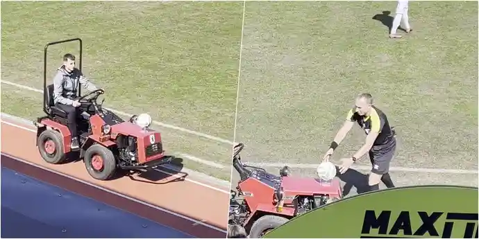 В Сморгони решили необычно начать футбольный сезон. Перед игрой мяч судье доставили на тракторе